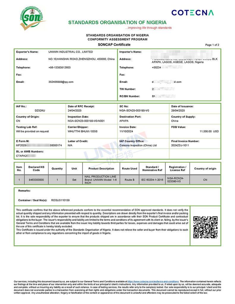 Detalles del certificado e información sobre el producto