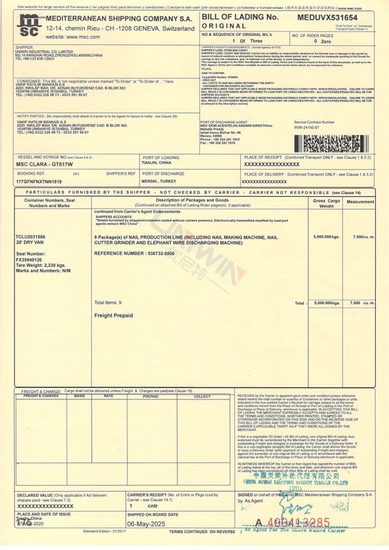 Línea de producción de clavos de alambre a Mersin